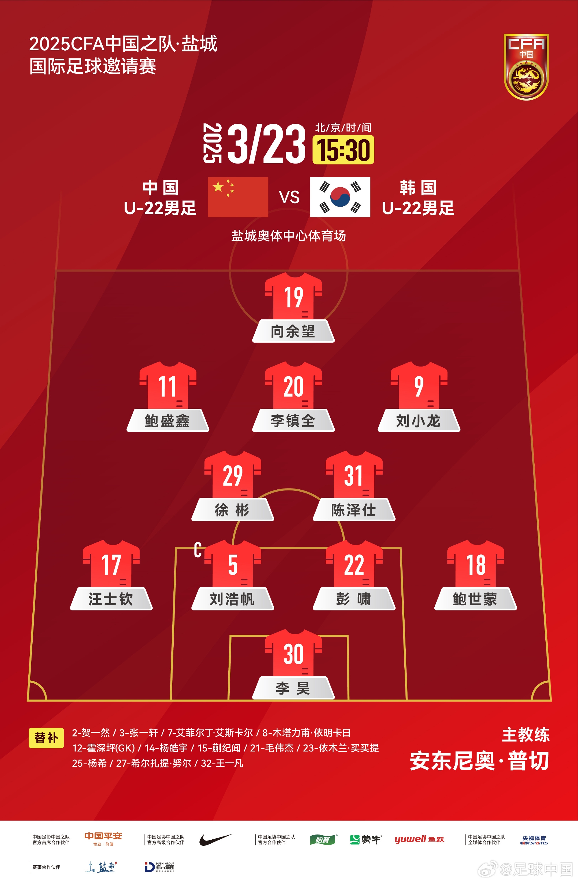 鹽城四國(guó)賽，中國(guó)U-22男足對(duì)陣韓國(guó)U-22男足，中國(guó)隊(duì)首發(fā)陣容