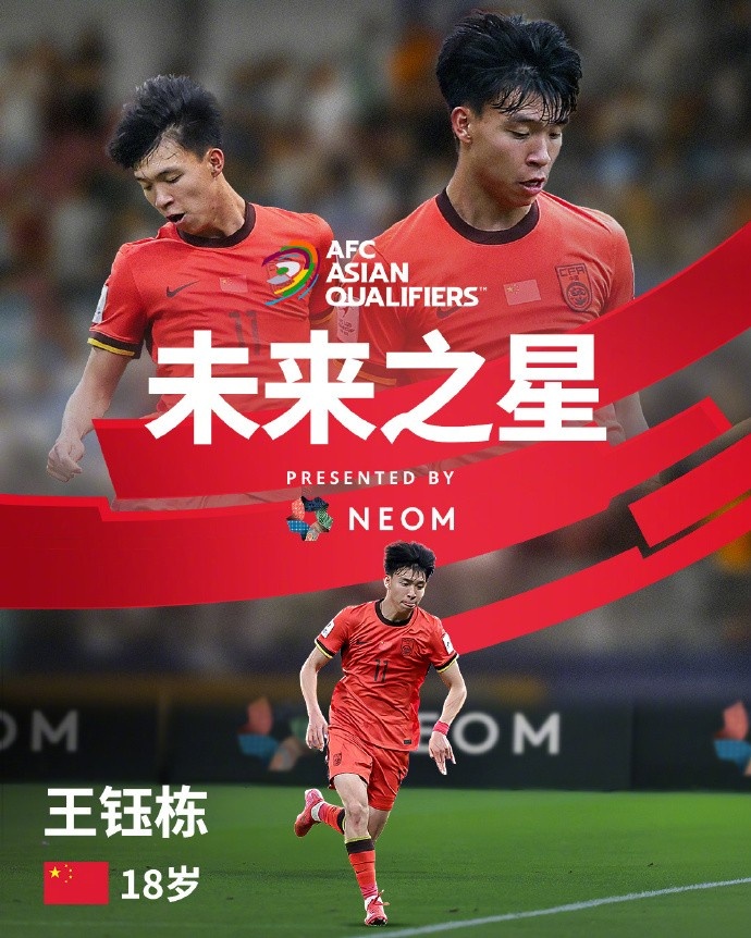 亞洲杯官方社媒發(fā)布王鈺棟個人海報：青年軍的旗幟，飄揚在前哨