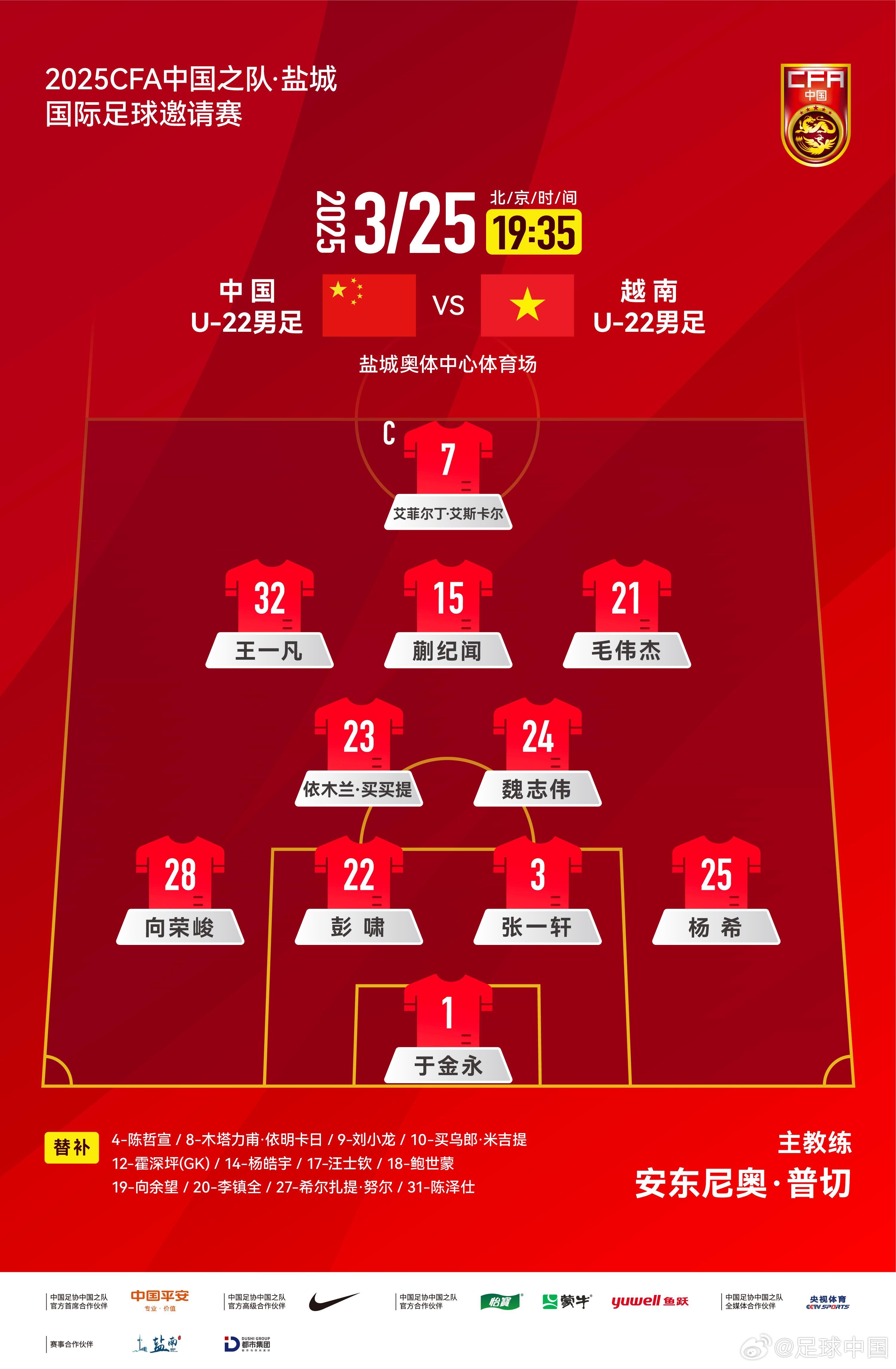 鹽城國(guó)際足球邀請(qǐng)賽中國(guó)U-22男足vs越南U-22男足，中國(guó)隊(duì)首發(fā)陣容