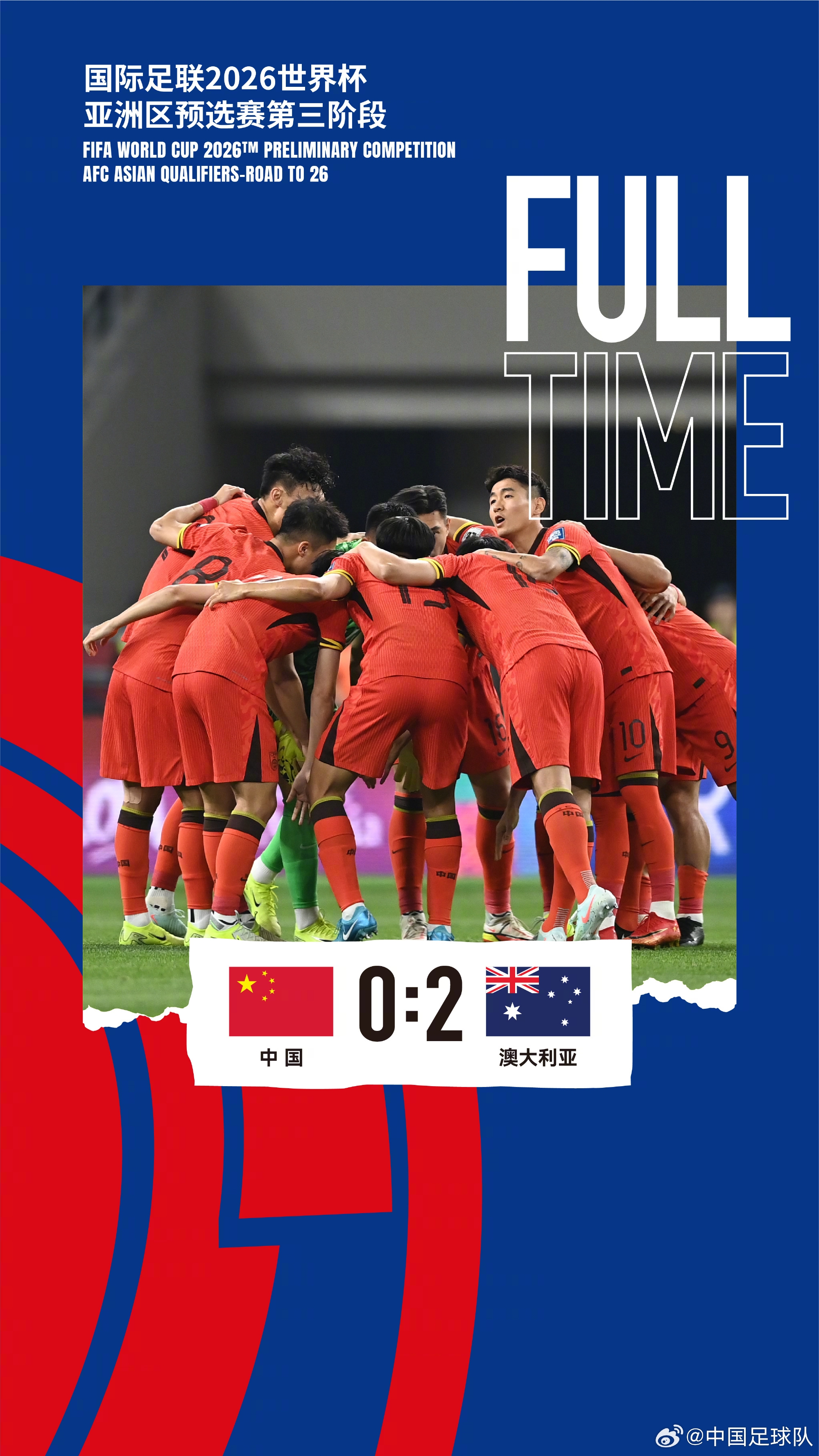 美加墨世界杯亞洲區(qū)預(yù)選賽第三階段第八輪，中國(guó)隊(duì)0-2澳大利亞隊(duì)